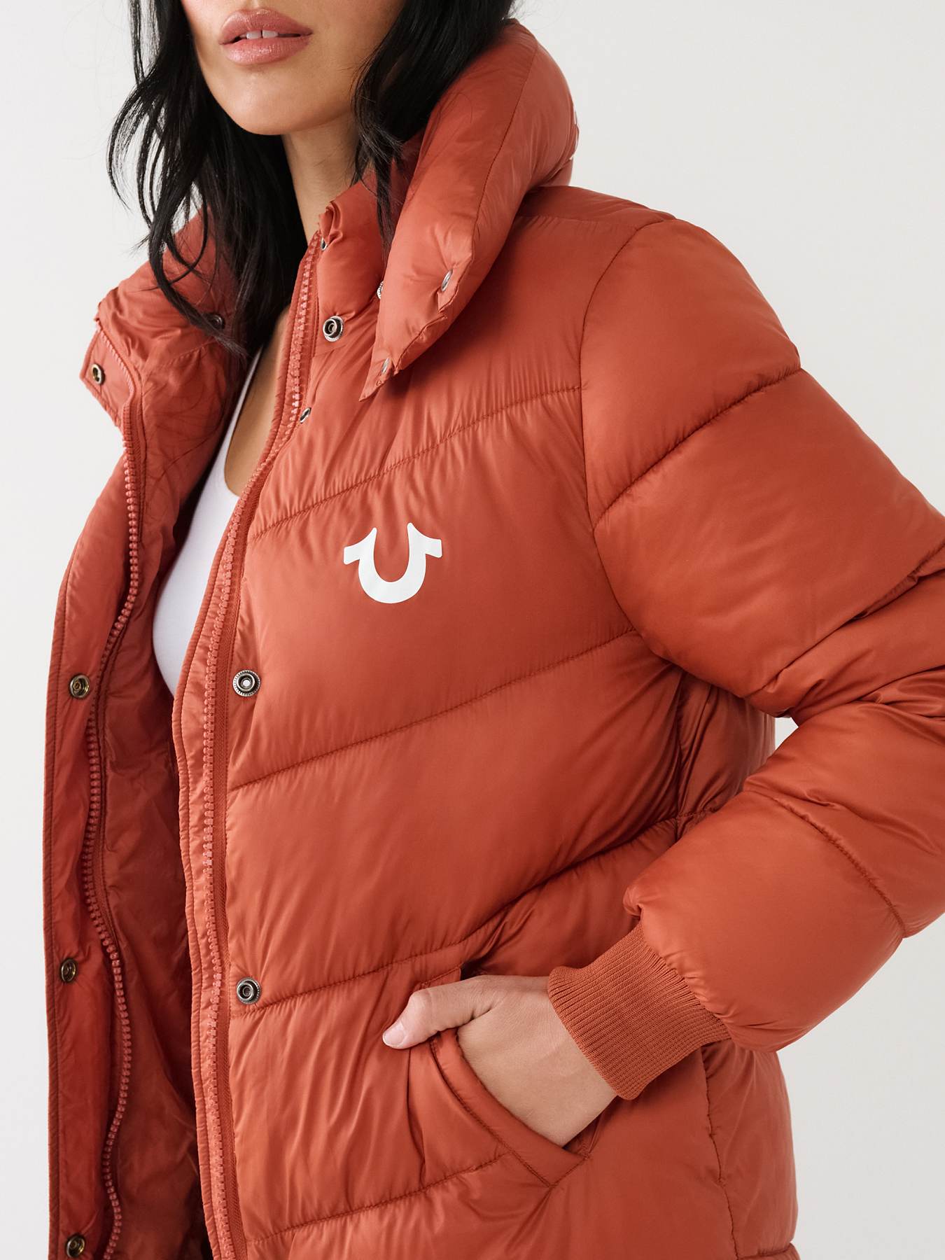 Red true cheap religion puffer jacket