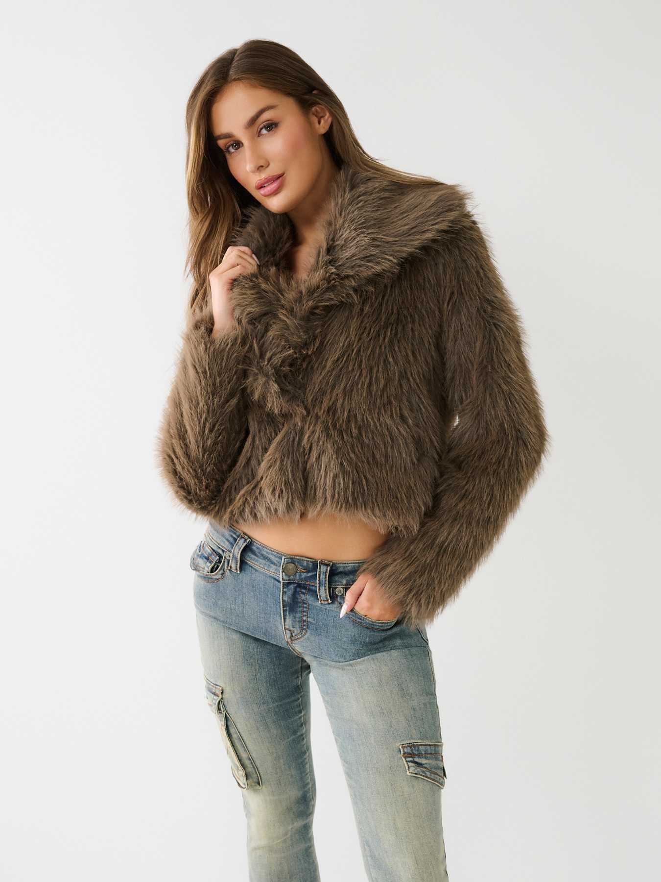 Womens Faux Fur Coat Jacket Open Front Crop Tops Palestine