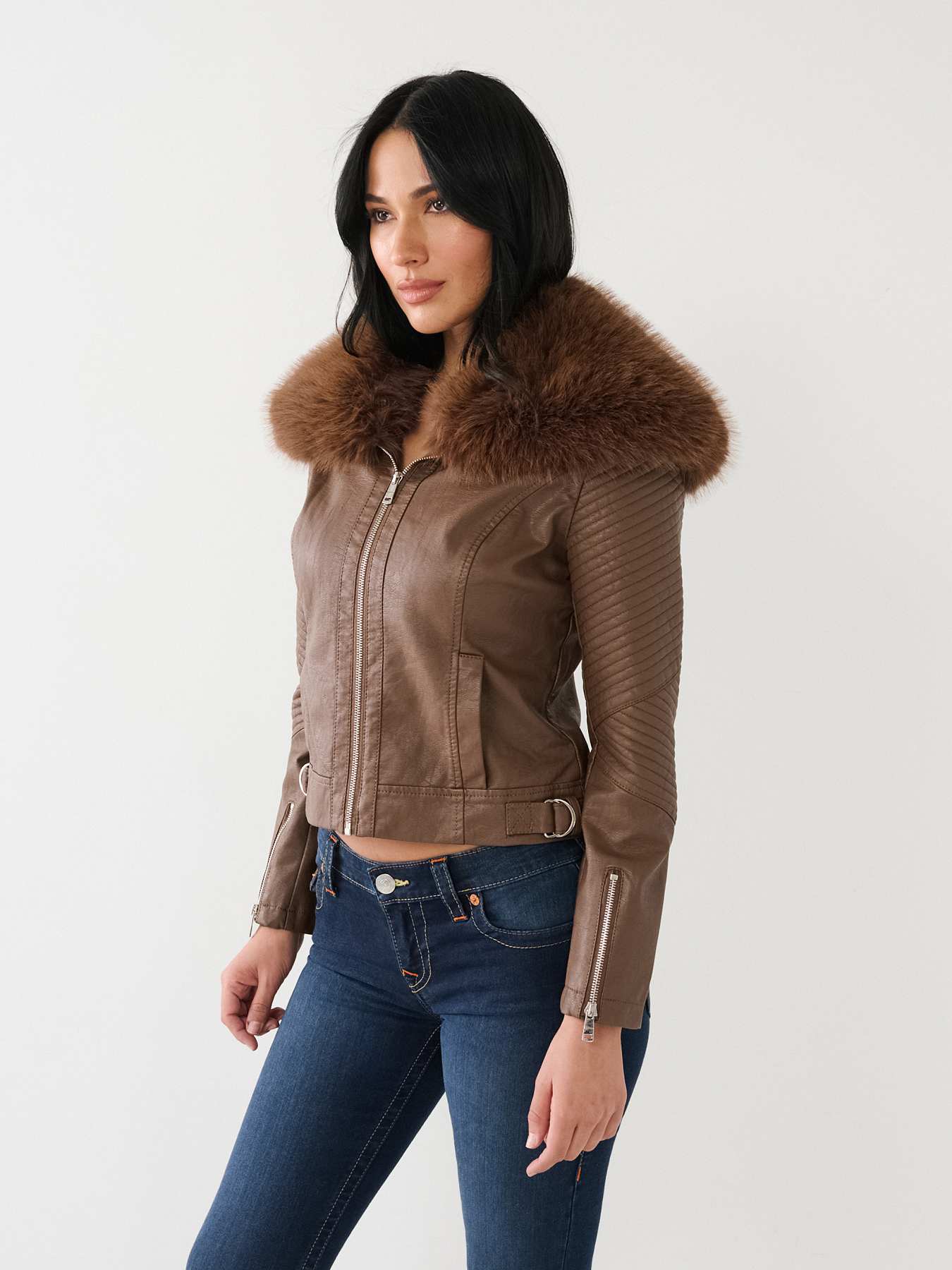FUR TRIM FAUX LEATHER MOTO JACKET True Religion