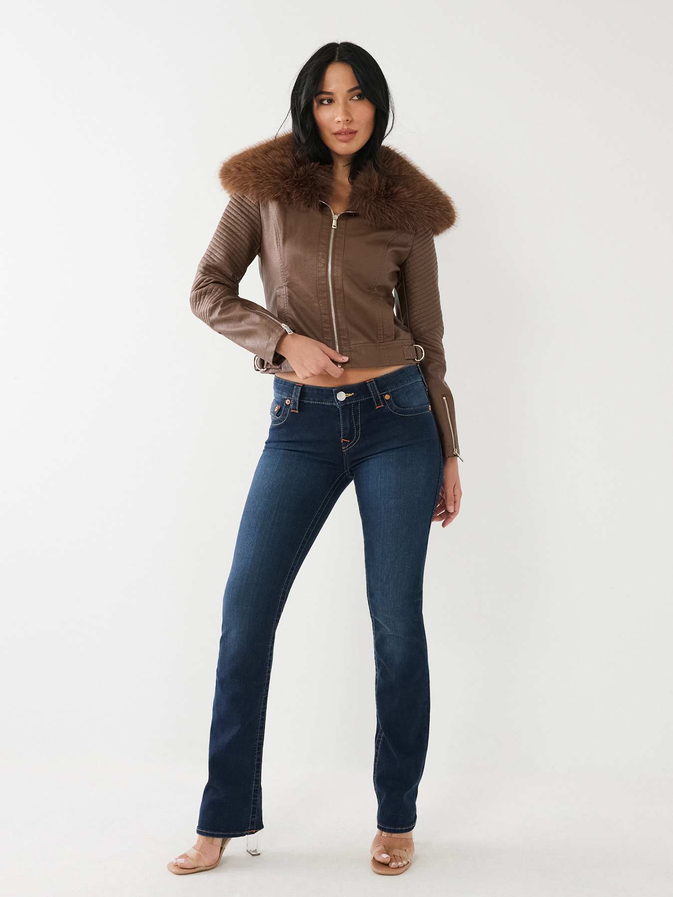 FUR TRIM FAUX LEATHER MOTO JACKET True Religion