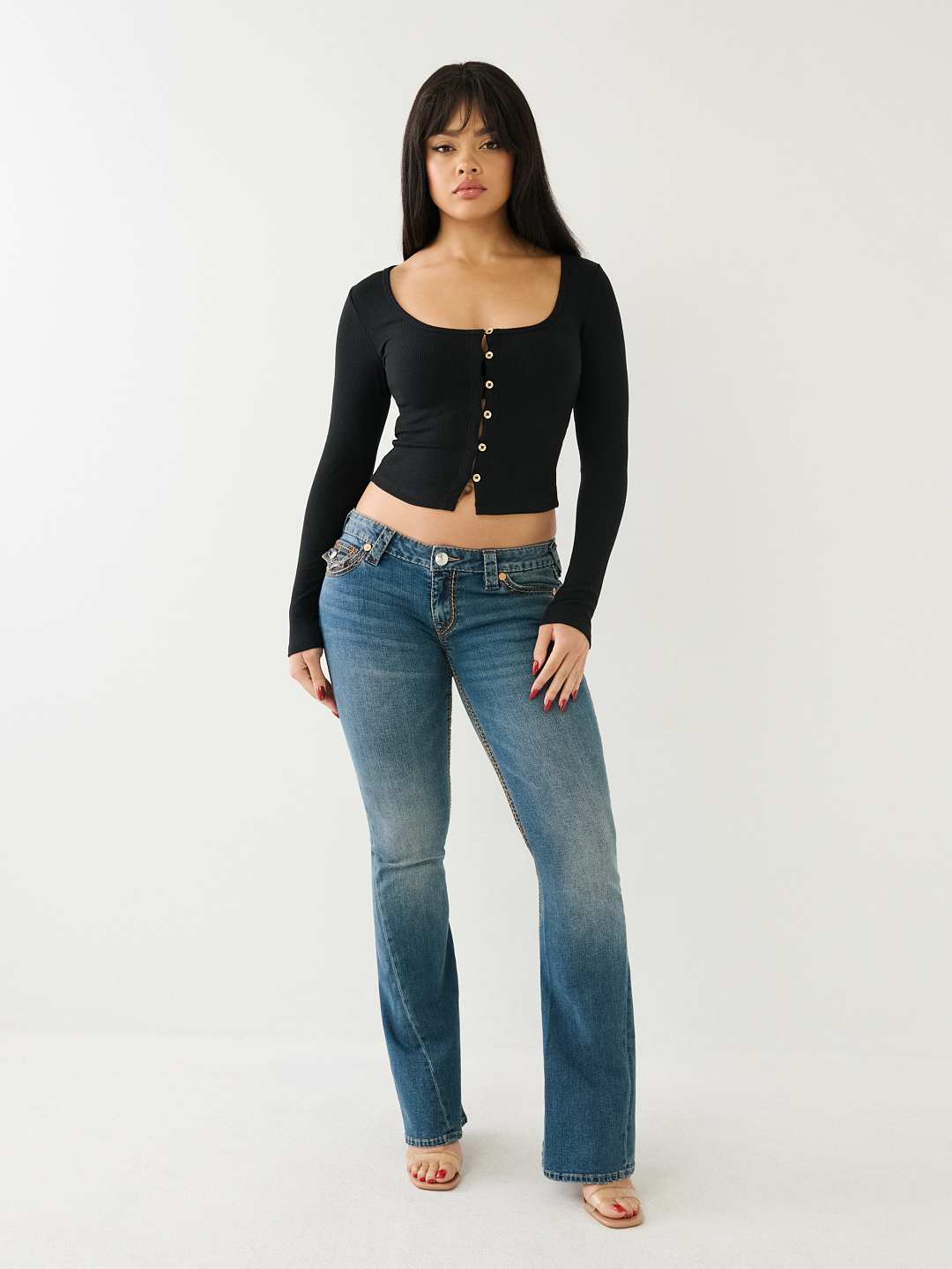 Long Sleeve Ribbed Button Front Top