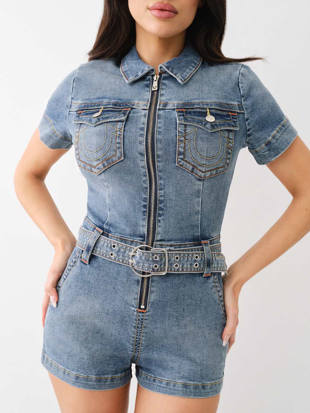 BELTED DENIM ZIP ROMPER - Flowing Cascade | True Religion