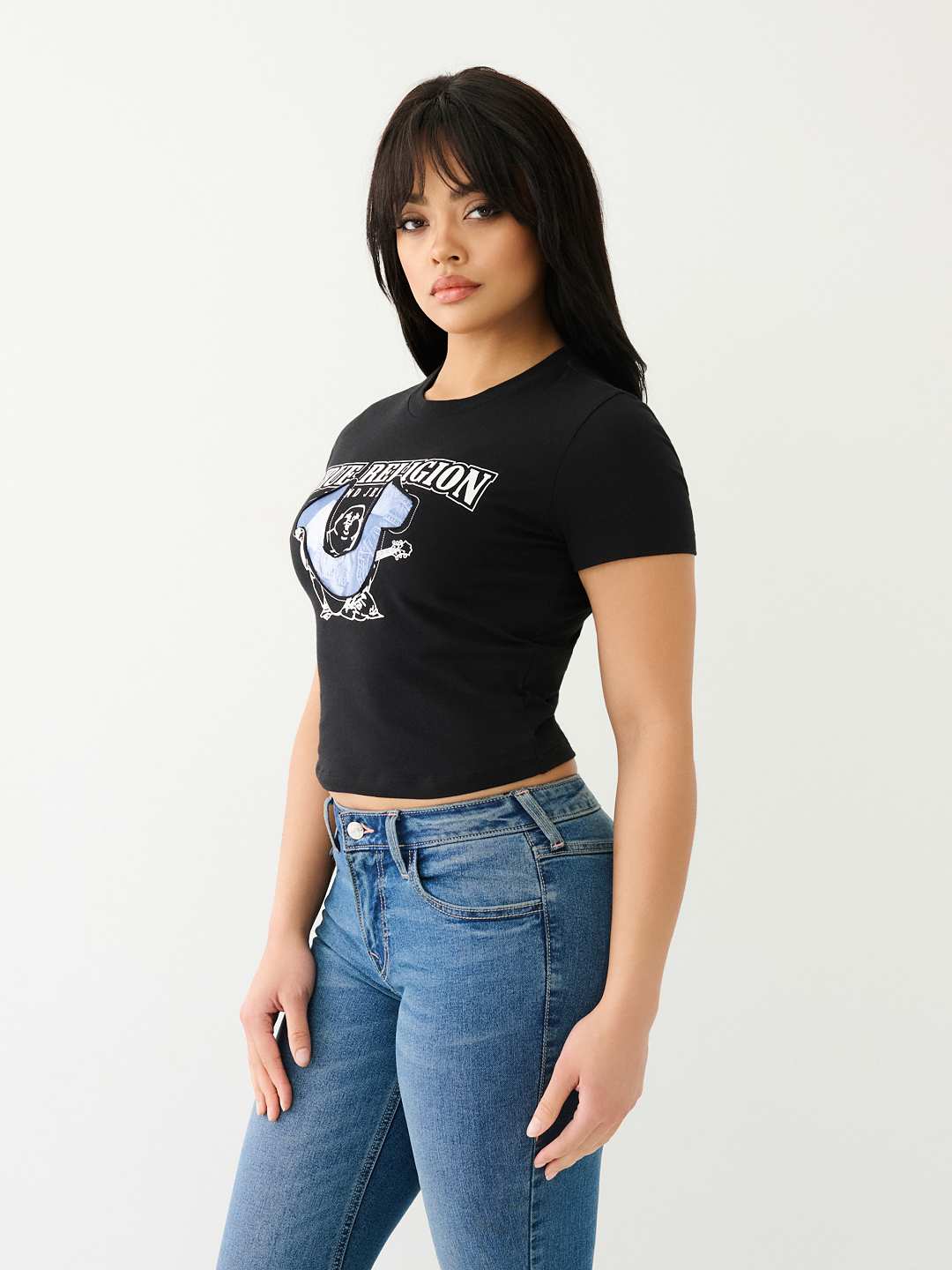 DISTRESSED JEAN PRINT HS STITCHED BABY TEE