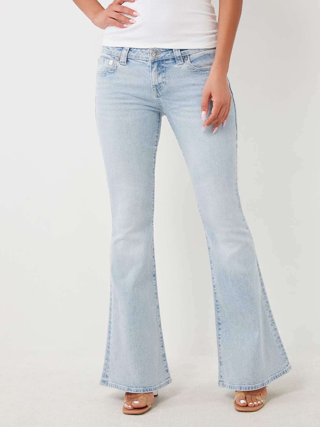 CARRIE FRAYED APPLIQUE FLARE JEAN