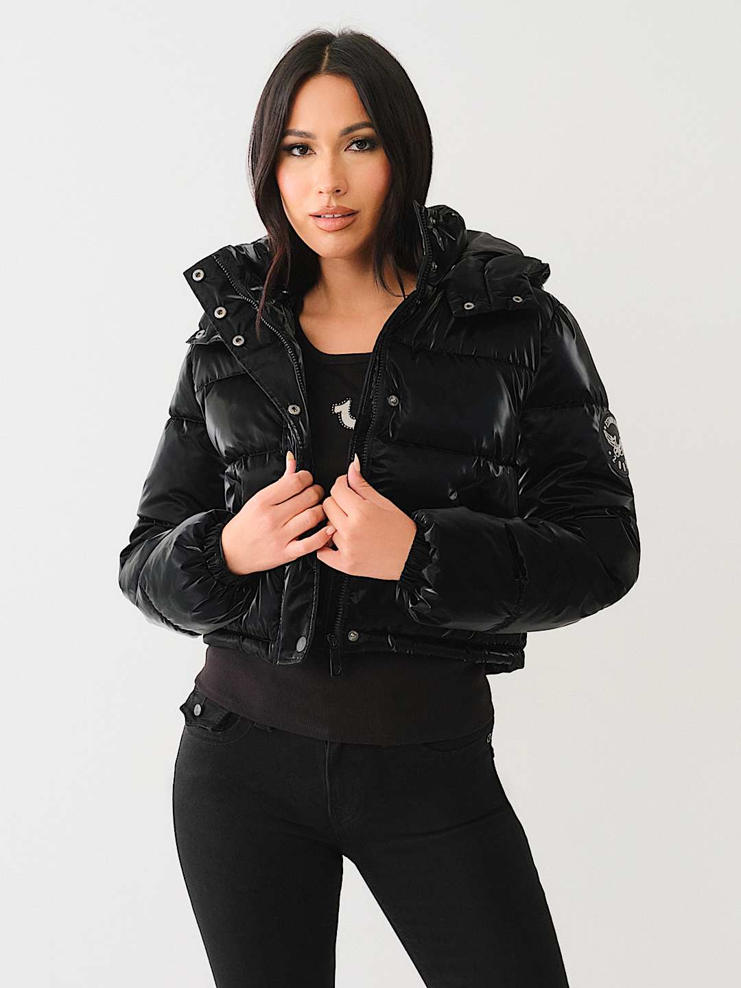 Leather hooded puffer jacket sale