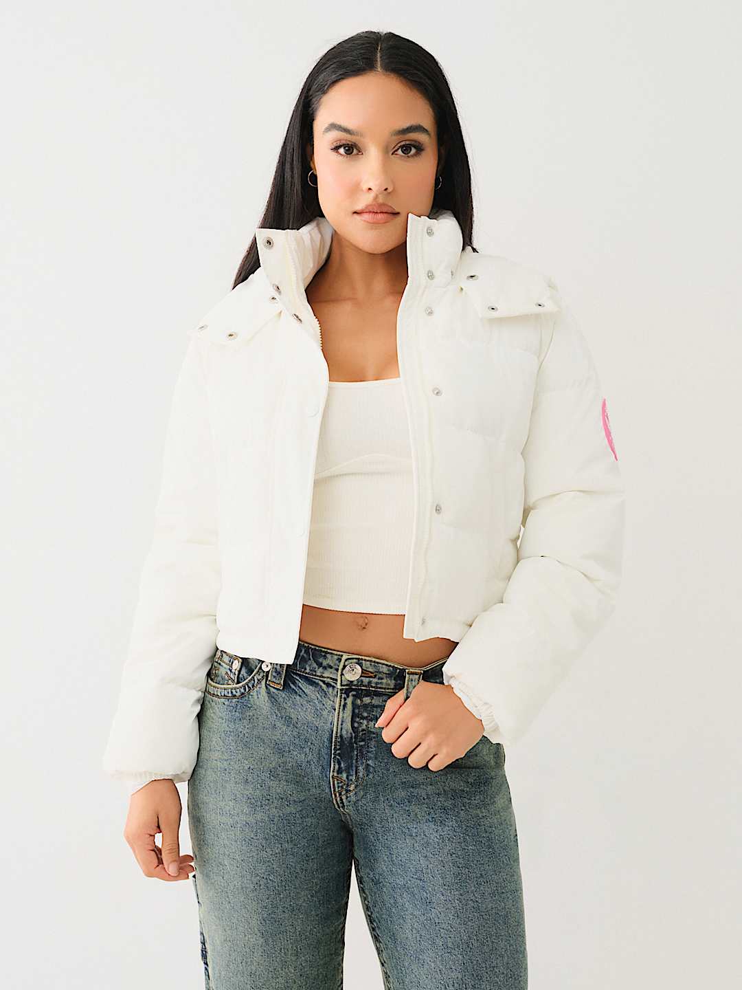 FAUX PATENT LEATHER HOODED PUFFER JACKET | True Religion