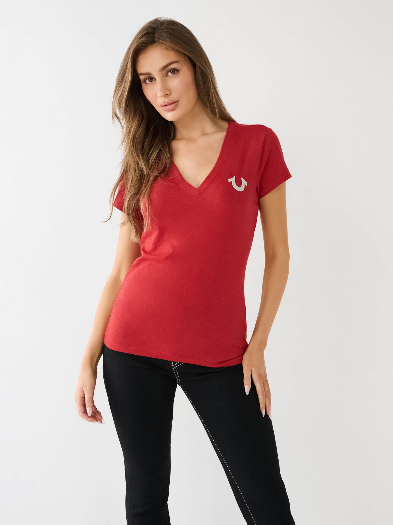 CRYSTAL HORSESHOE LOGO V NECK TEE
