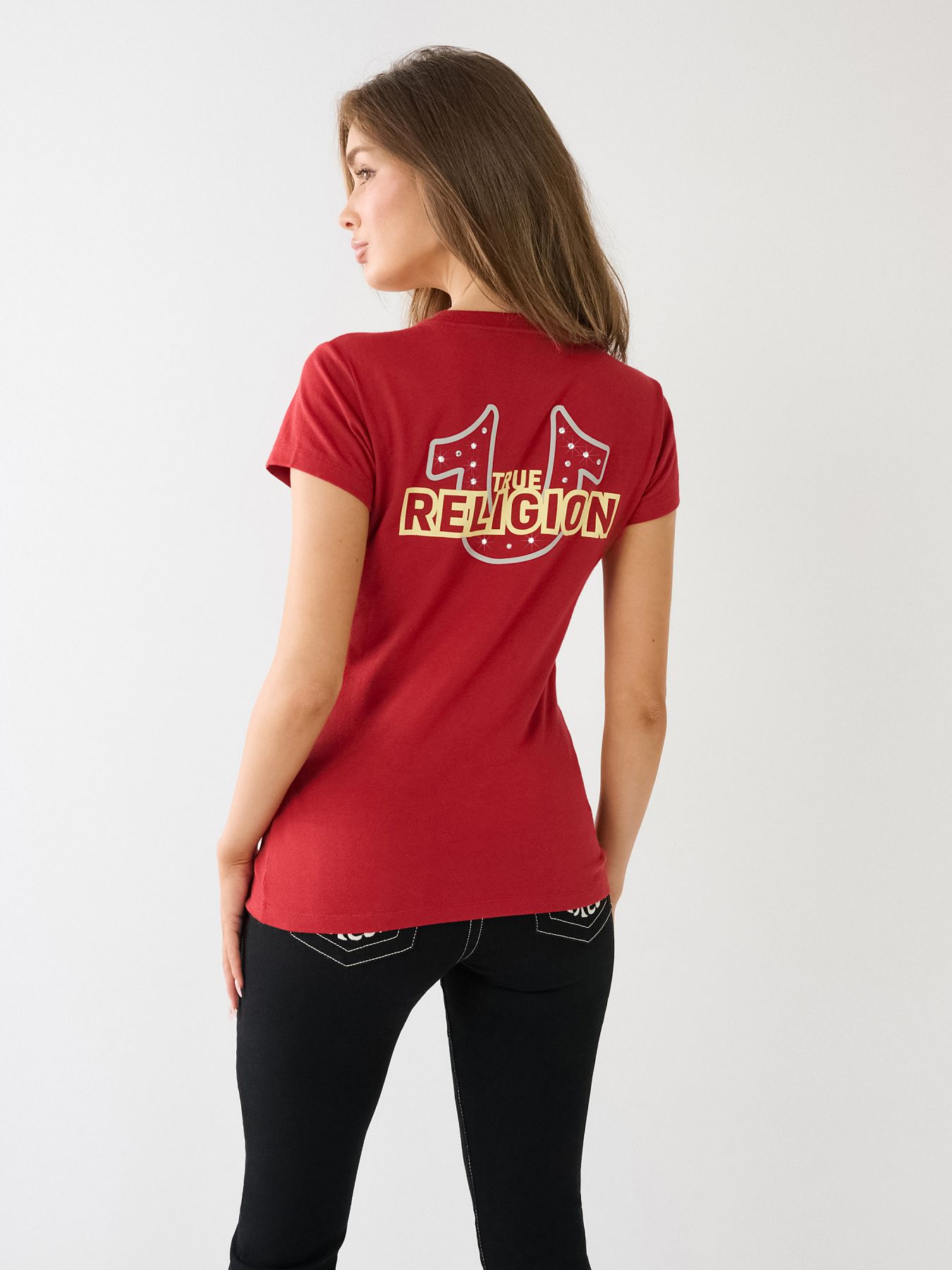 CRYSTAL HORSESHOE LOGO V NECK TEE