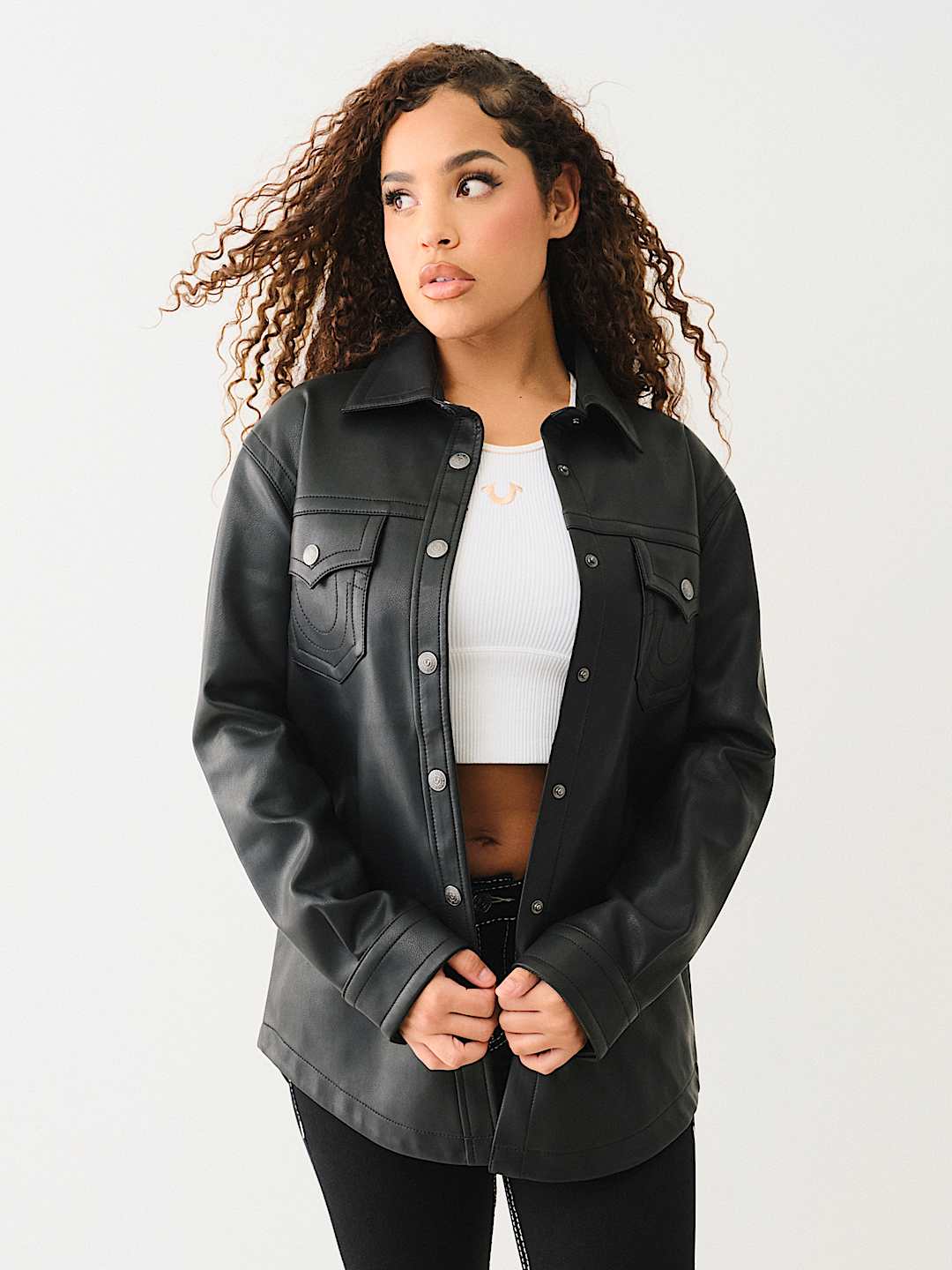 FAUX LEATHER EMBOSSED LOGO SHACKET, image 1