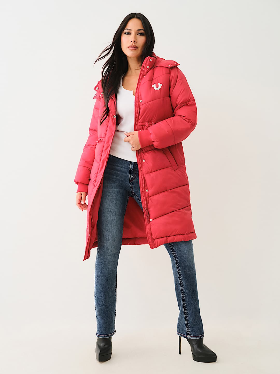 FUR TRIM HOODED LONGLINE PUFFER JACKET