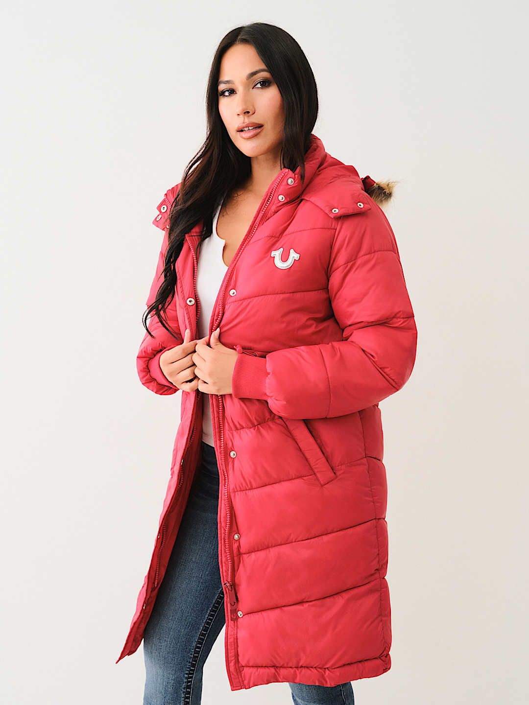FUR TRIM HOODED LONGLINE PUFFER JACKET