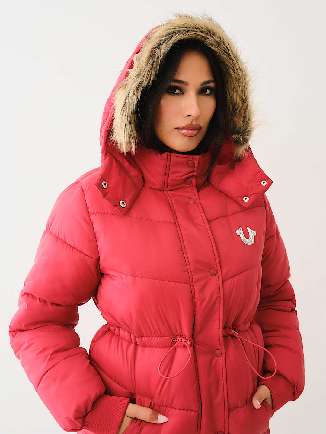 FUR TRIM HOODED LONGLINE PUFFER JACKET