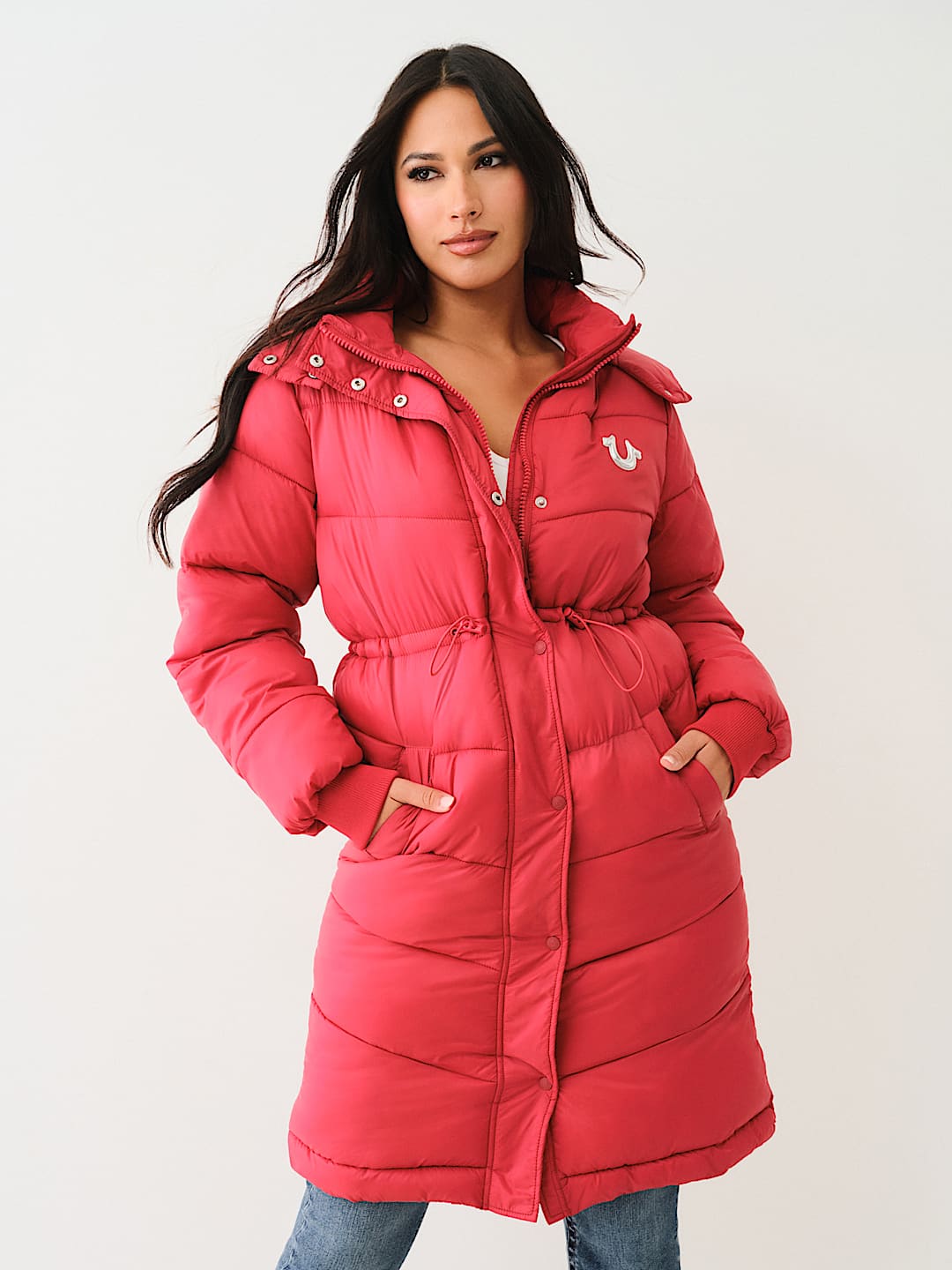 FUR TRIM HOODED LONGLINE PUFFER JACKET