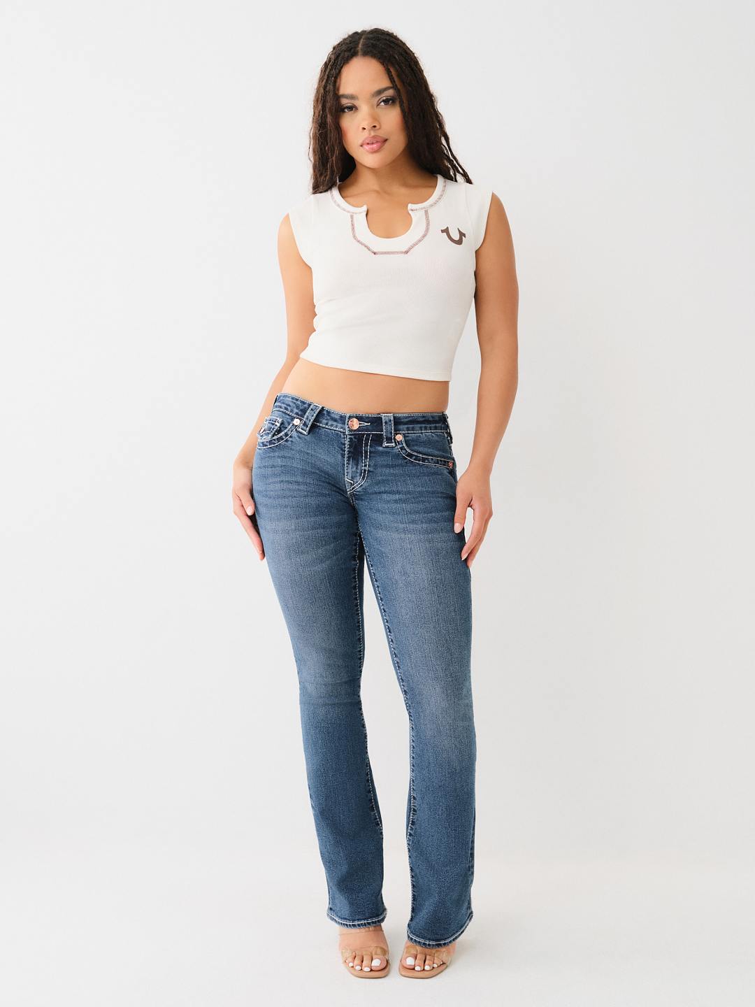 BECCA LOW RISE BIG T BOOTCUT JEAN