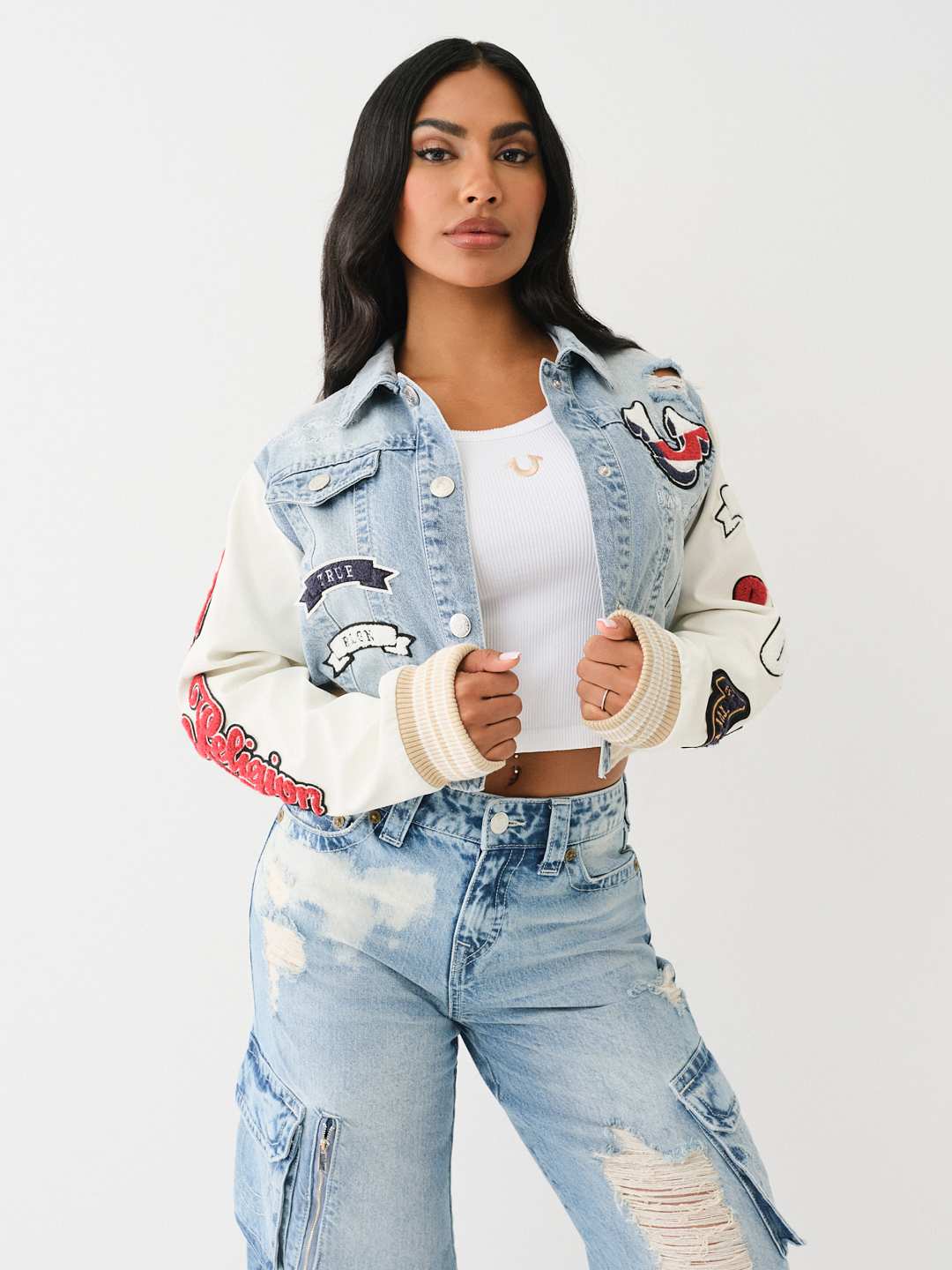 PATCH VARSITY DENIM CROP JACKET