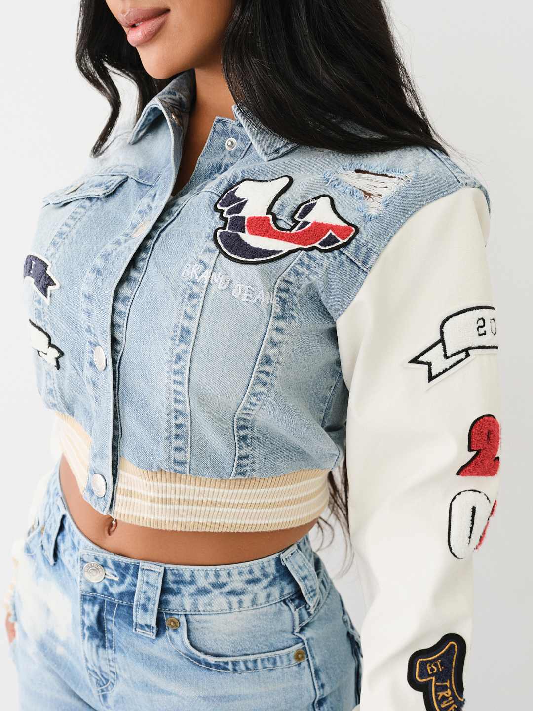 PATCH VARSITY DENIM CROP JACKET