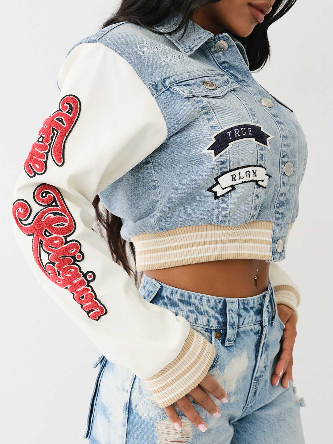 PATCH VARSITY DENIM CROP JACKET