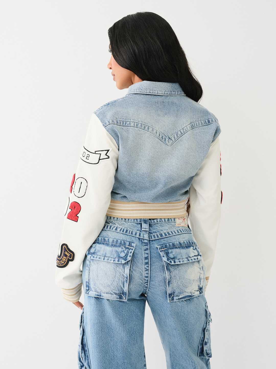 PATCH VARSITY DENIM CROP JACKET