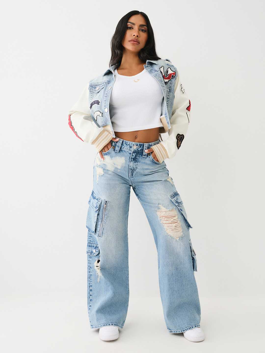 PATCH VARSITY DENIM CROP JACKET