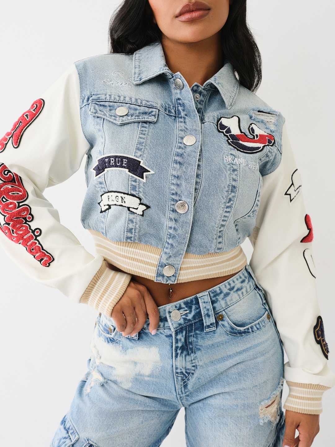 PATCH VARSITY DENIM CROP JACKET