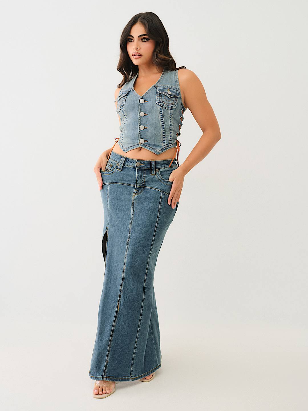 VINTAGE DENIM SLIT MAXI SKIRT
