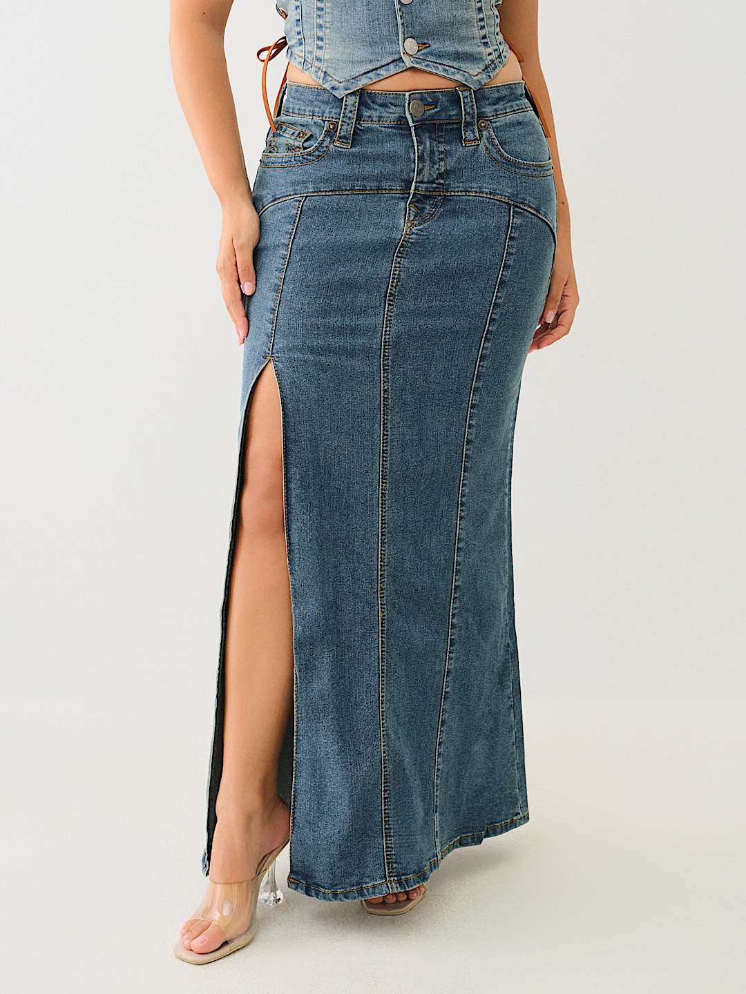 VINTAGE DENIM SLIT MAXI SKIRT
