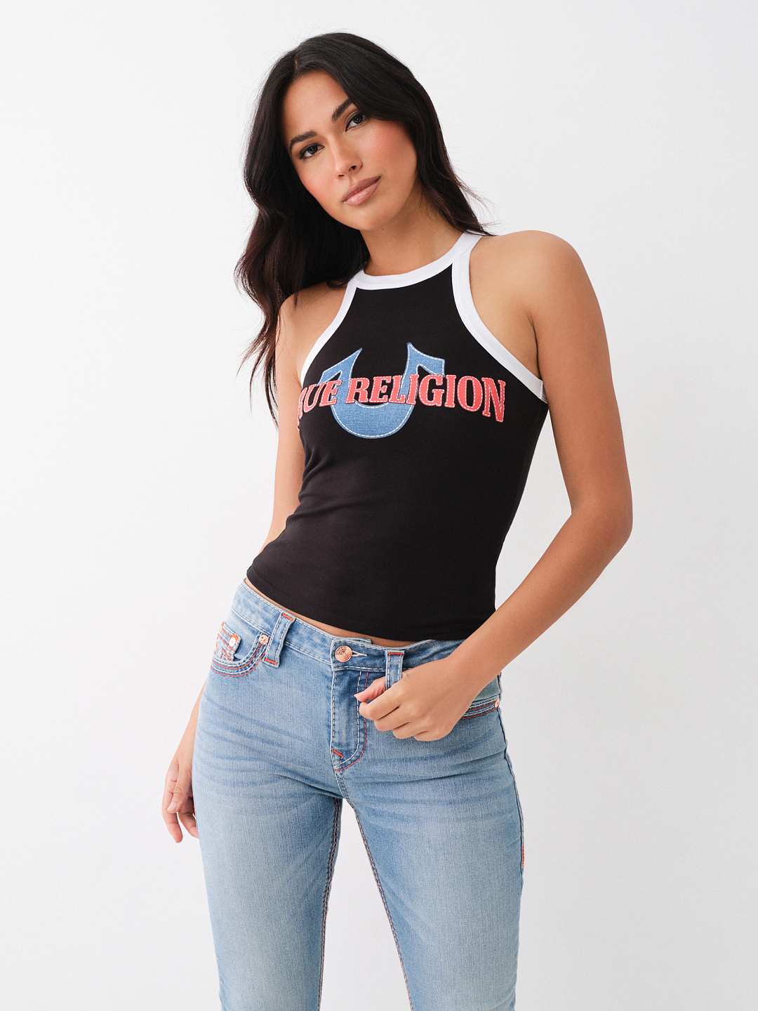 DENIM HORSESHOE APPLIQUE RINGER TANK, image 2