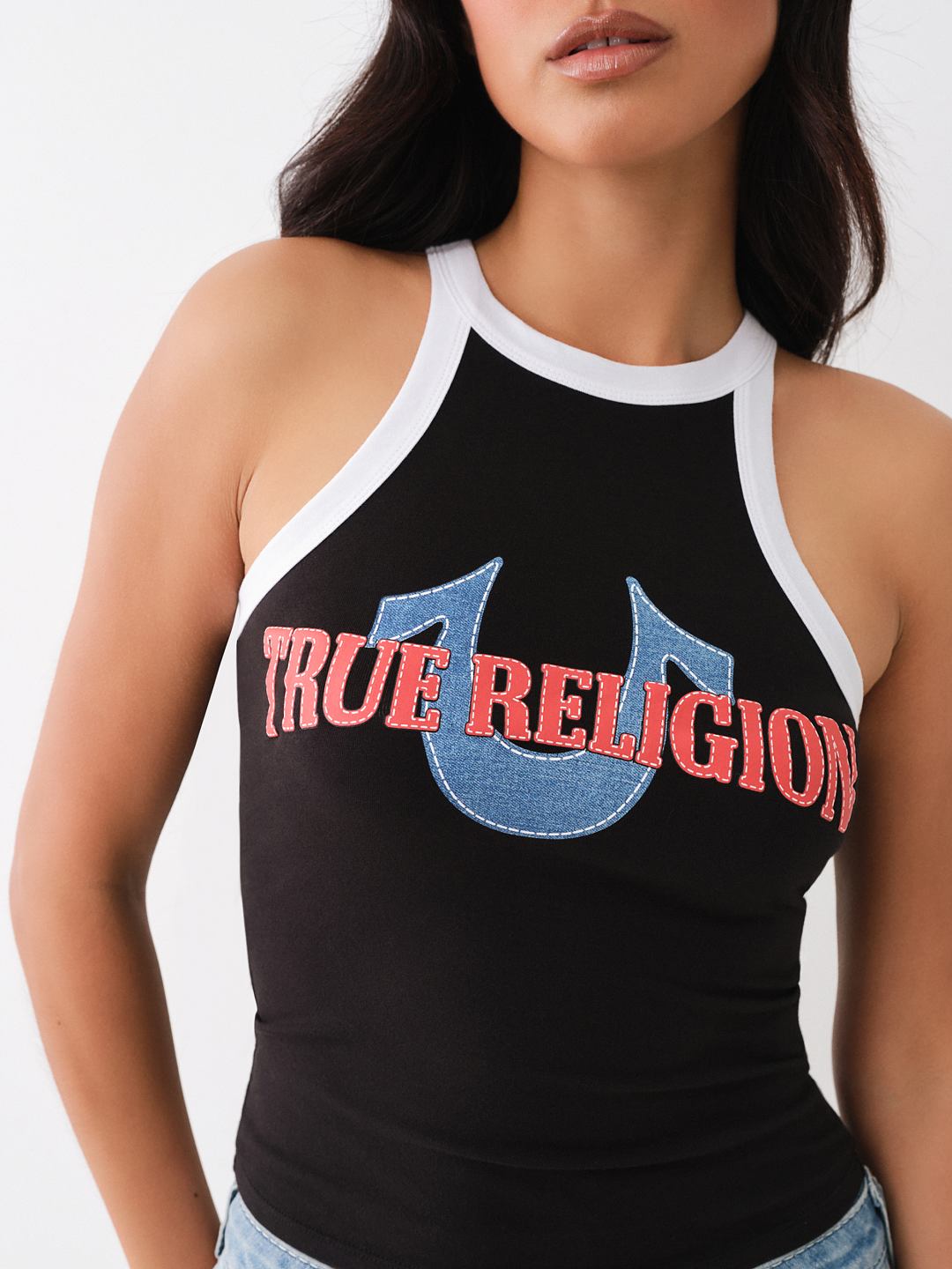 DENIM HORSESHOE APPLIQUE RINGER TANK, image 1