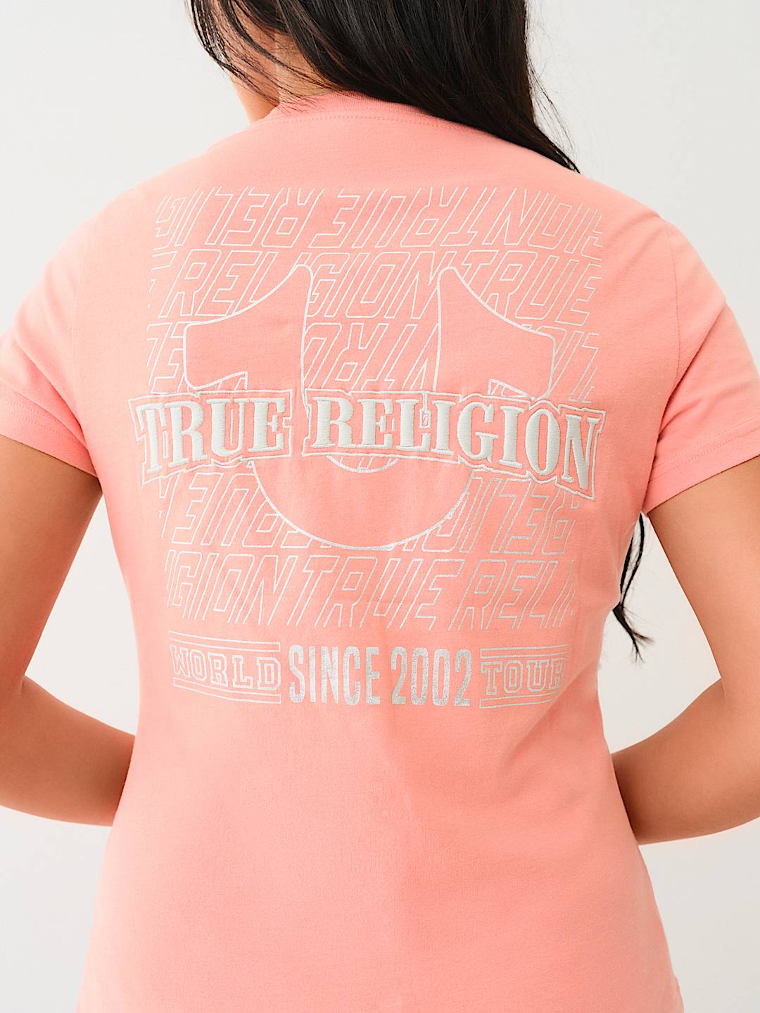 METALLIC PUFF PRINT HORSESHOE V NECK TEE