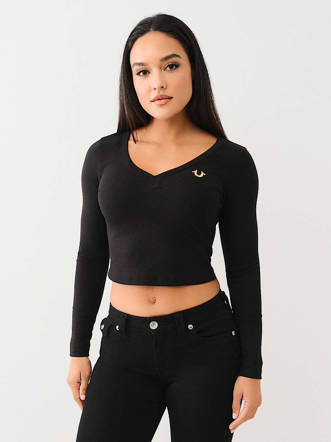 Женский топ True Religion Ribbed Horseshoe в рубчик с вышитой подковой, черный