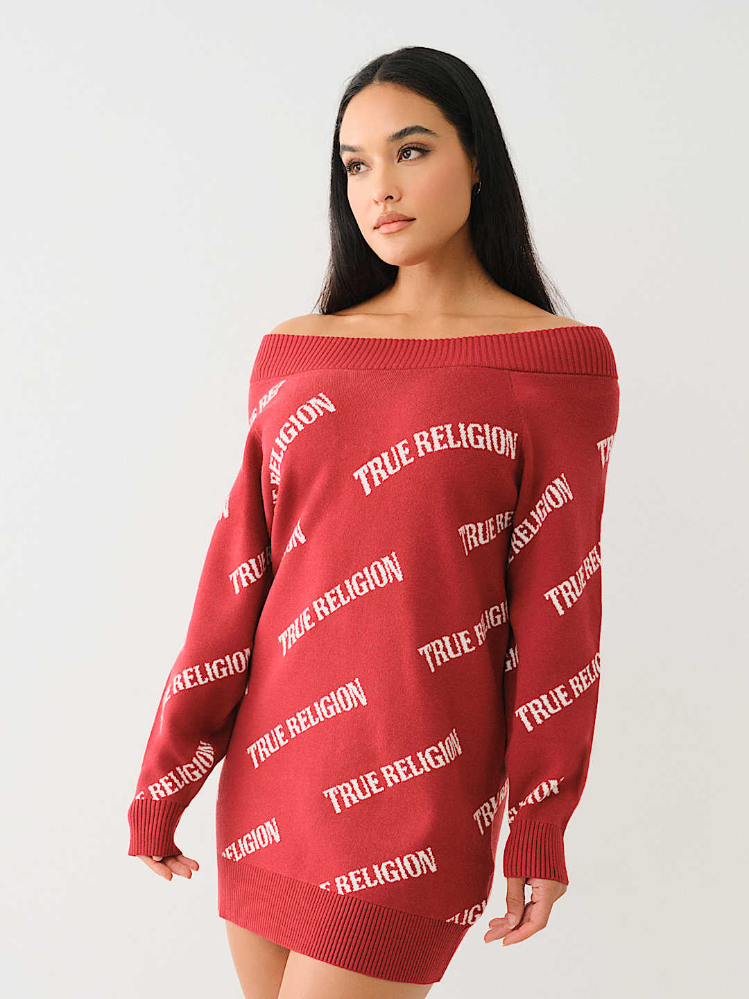 OFF THE SHOULDER LOGO SWEATER DRESS Red True Religion
