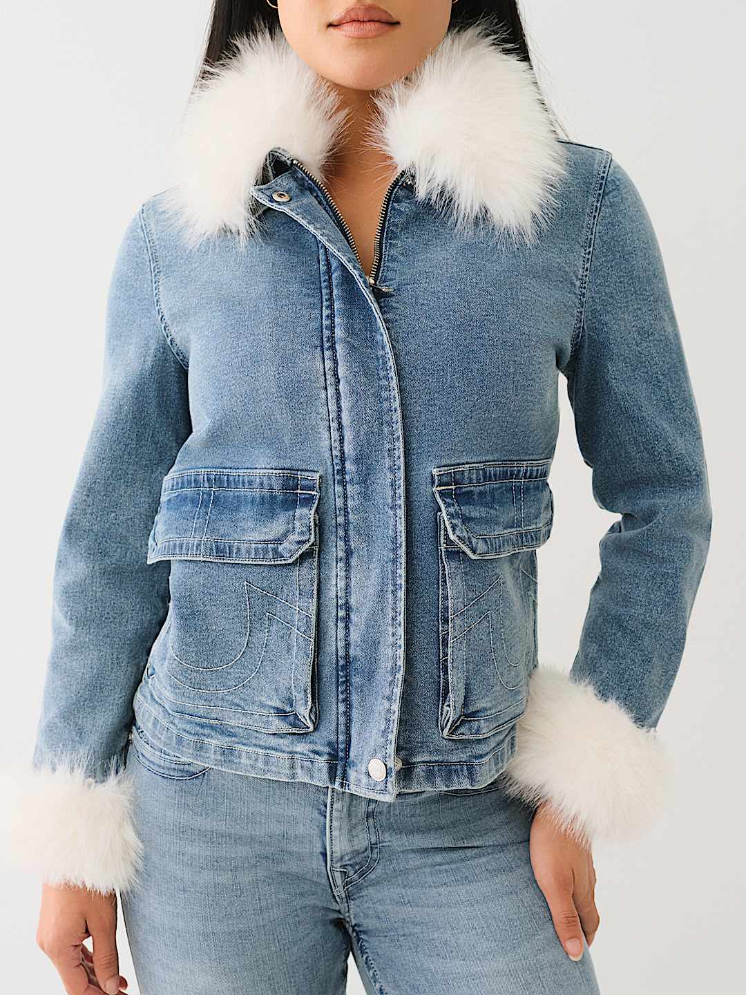 FAUX FUR TRIM DENIM JACKET True Religion