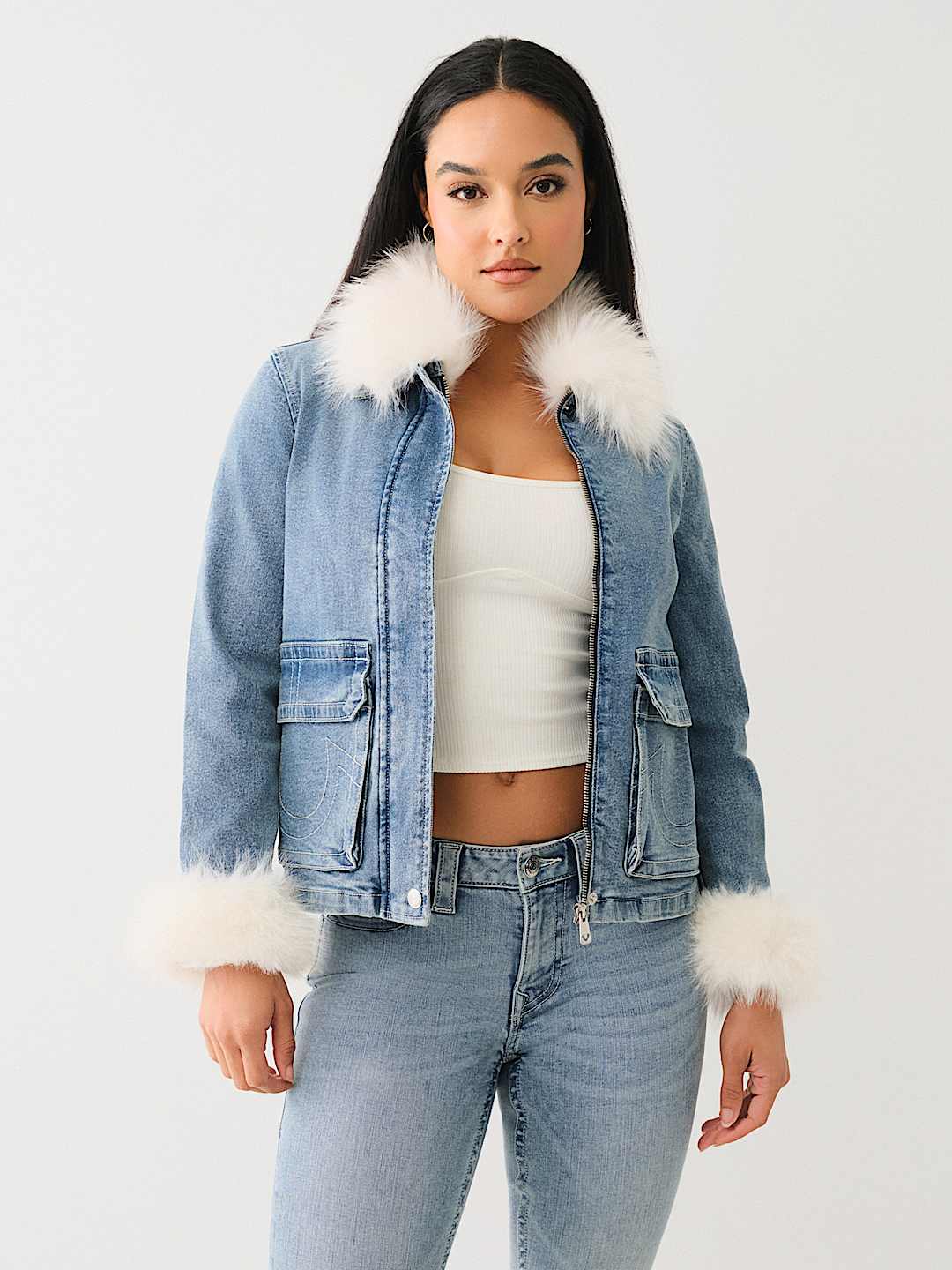 True Religion Women s Faux Fur Trim Denim Jacket Blue Casual Jackets