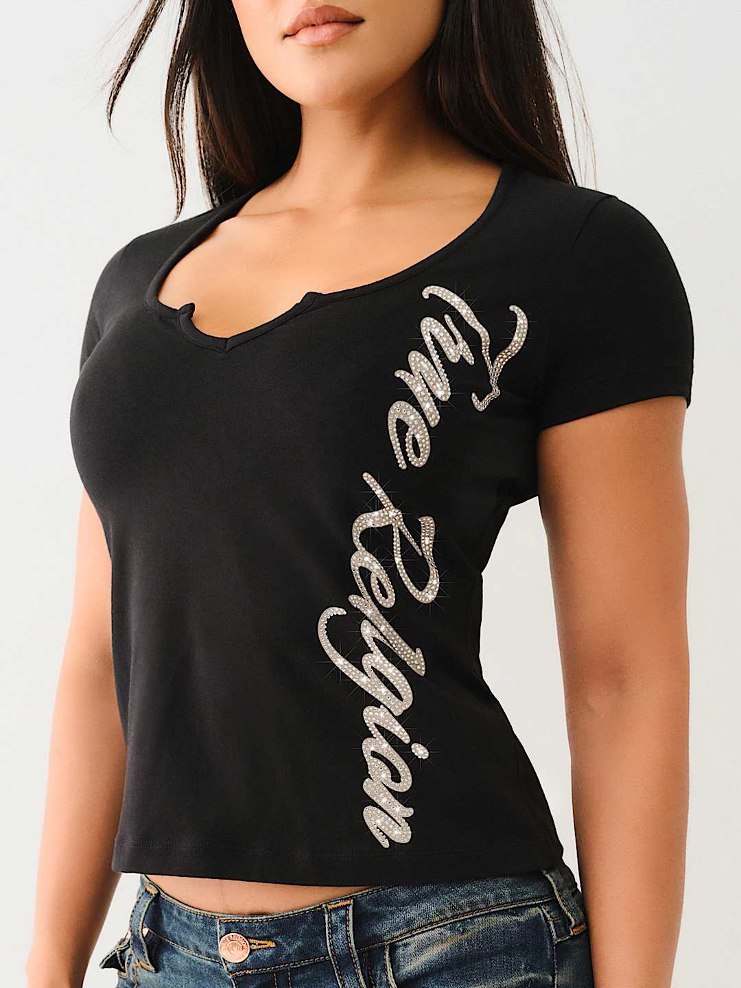 CRYSTAL TRUE RELIGION V NOTCH TEE, image 1