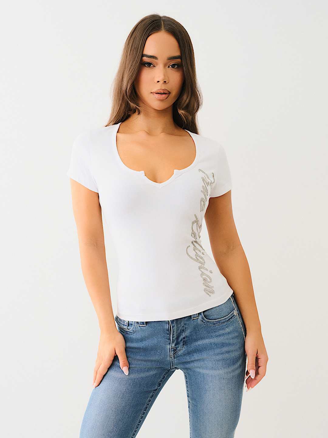 CRYSTAL TRUE RELIGION V NOTCH TEE, image 3