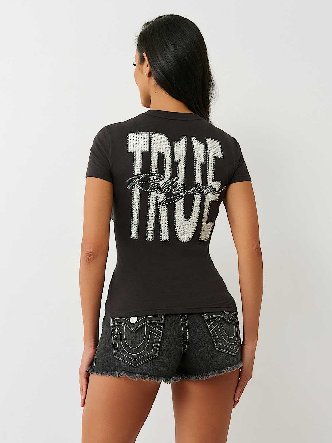 CRYSTAL TRUE LOGO V NECK TEE
