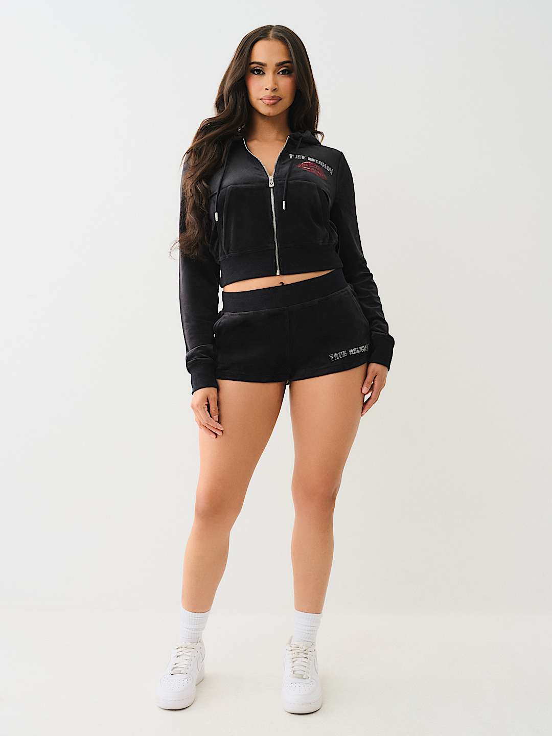 VELOUR CRYSTAL LIPS SHRUNKEN ZIP HOODIE - Black | True Religion