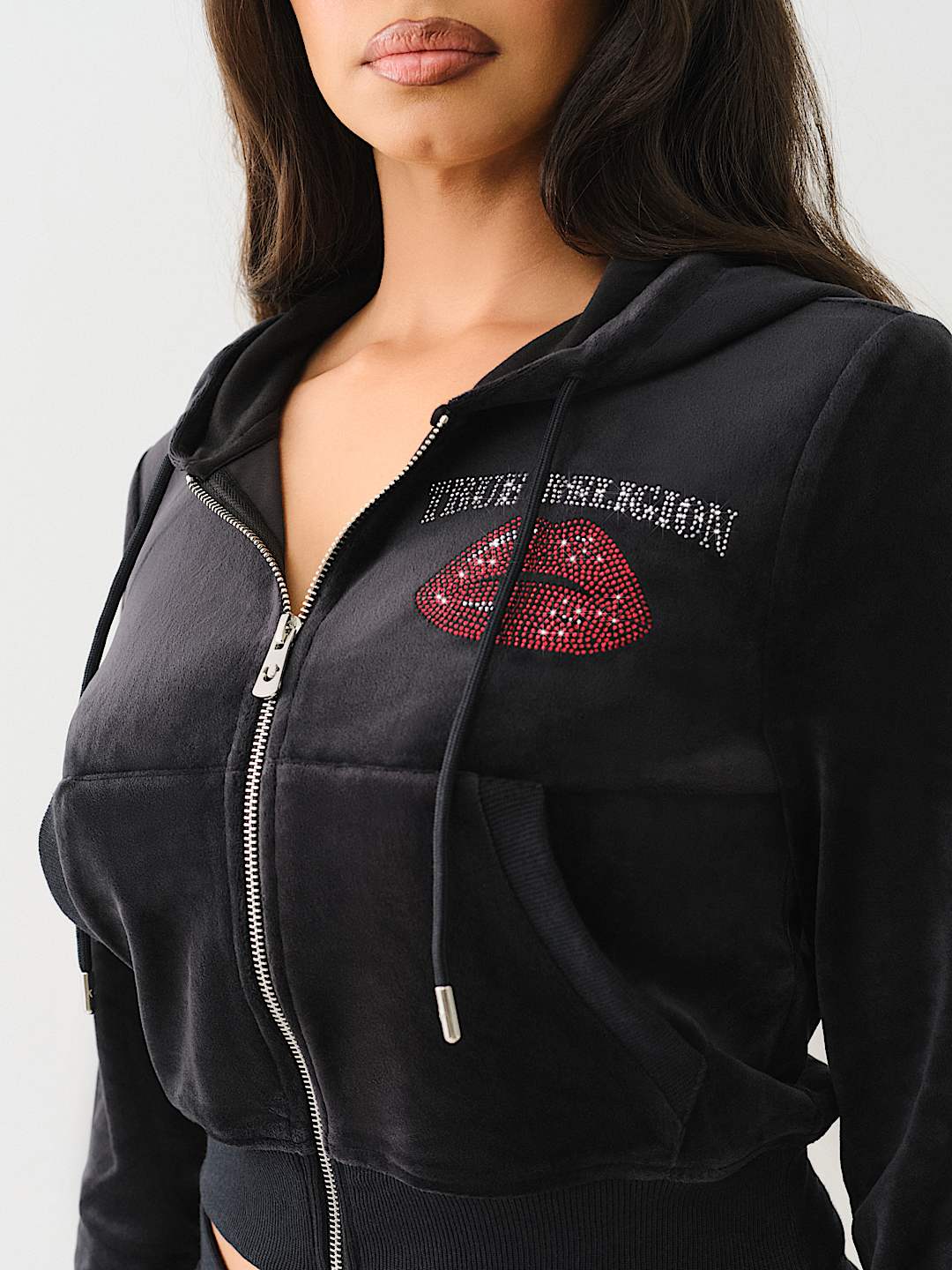 VELOUR CRYSTAL LIPS SHRUNKEN ZIP HOODIE | True Religion VELOUR CRYSTAL LIPS SHRUNKEN ZIP HOODIE | True Religion