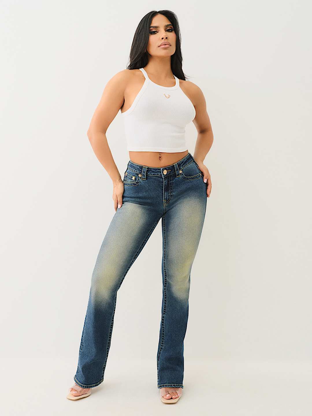 BECCA GLITTER SPRAY MID RISE BOOTCUT JEAN