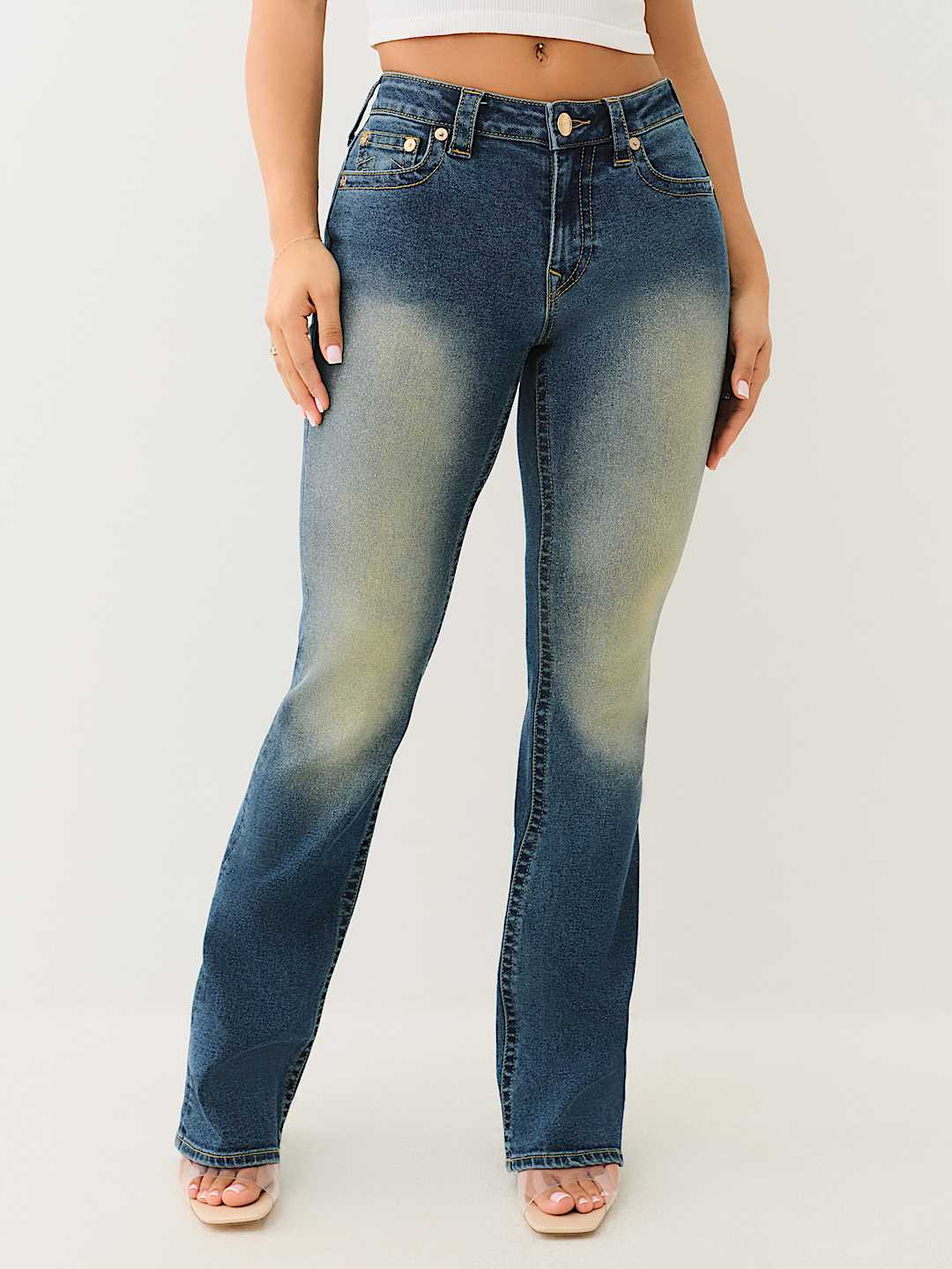 BECCA GLITTER SPRAY MID RISE BOOTCUT JEAN
