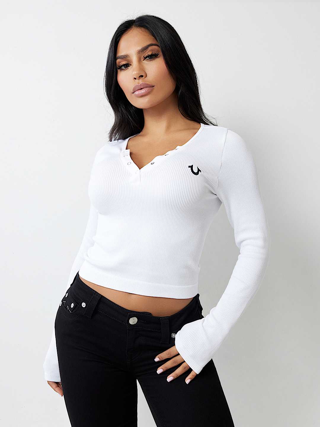 SEAMLESS RIBBED CROP HENLEY TEE, image 1