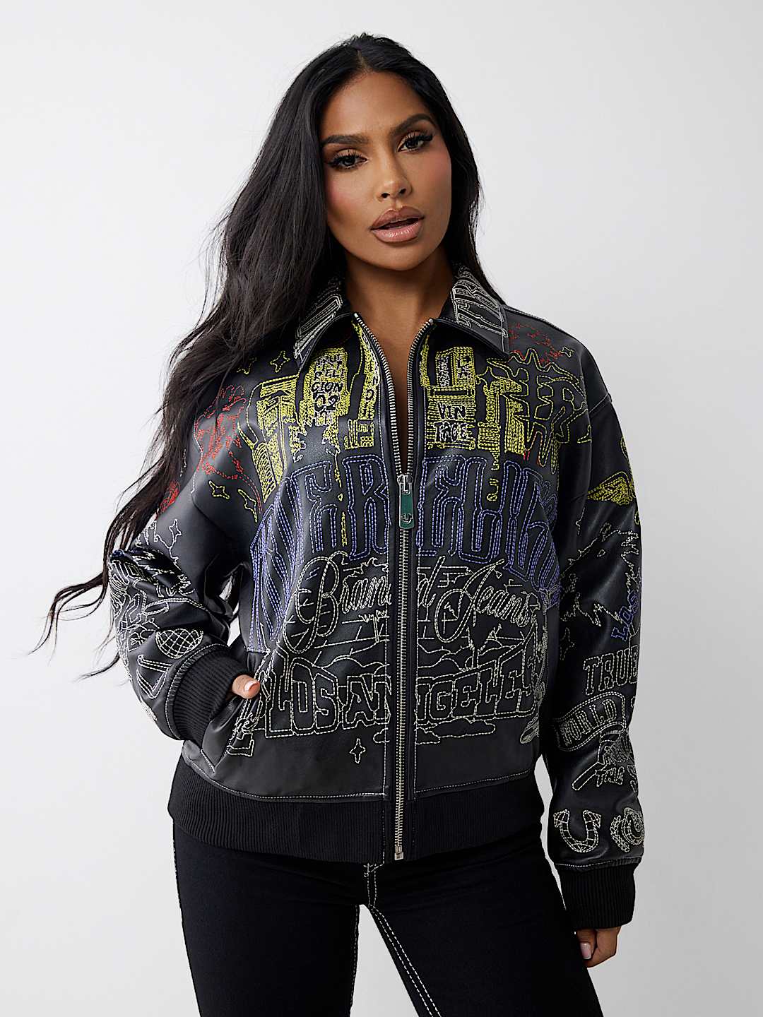 Женская куртка True Religion из искусственной кожи с вышивкой, черная