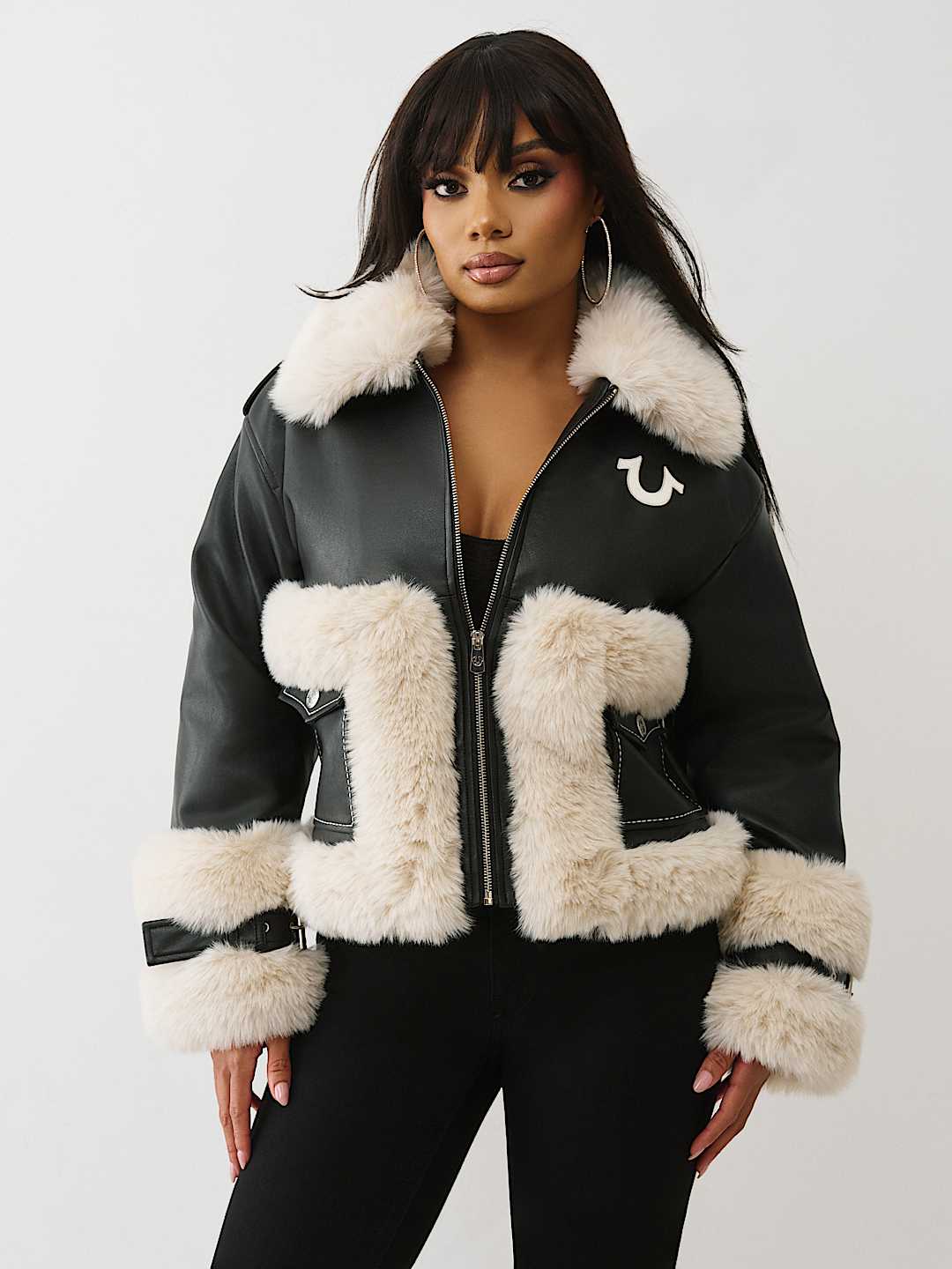 EMBROIDERED FAUX LEATHER FUR JACKET