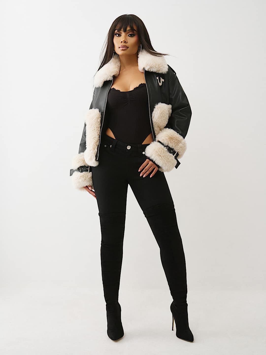 EMBROIDERED FAUX LEATHER FUR JACKET