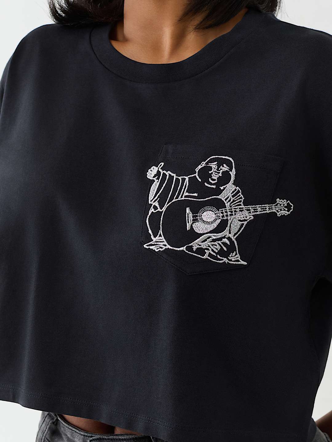 EMBROIDERED BUDDHA BOXY CROPPED TEE