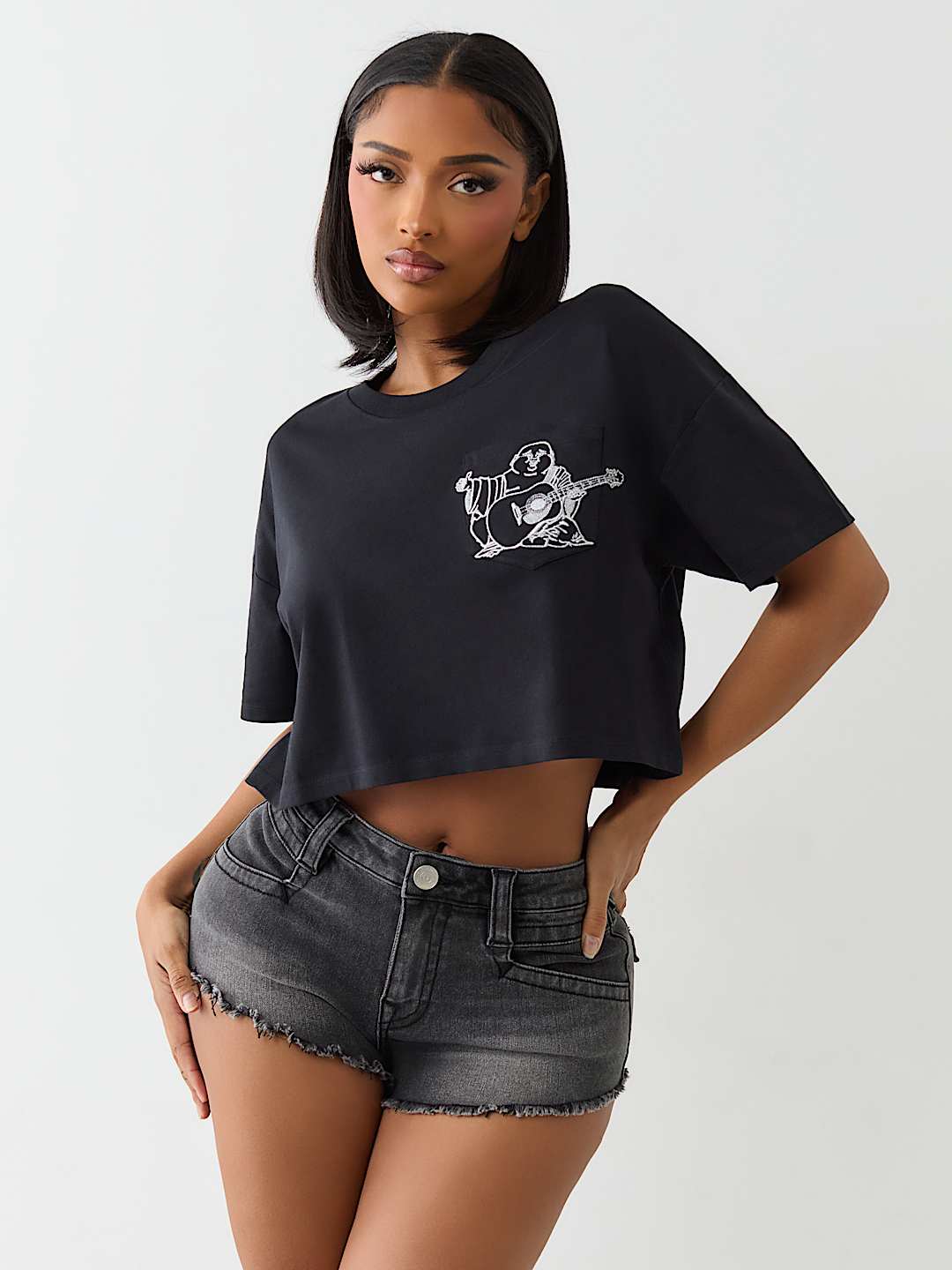 EMBROIDERED BUDDHA BOXY CROPPED TEE