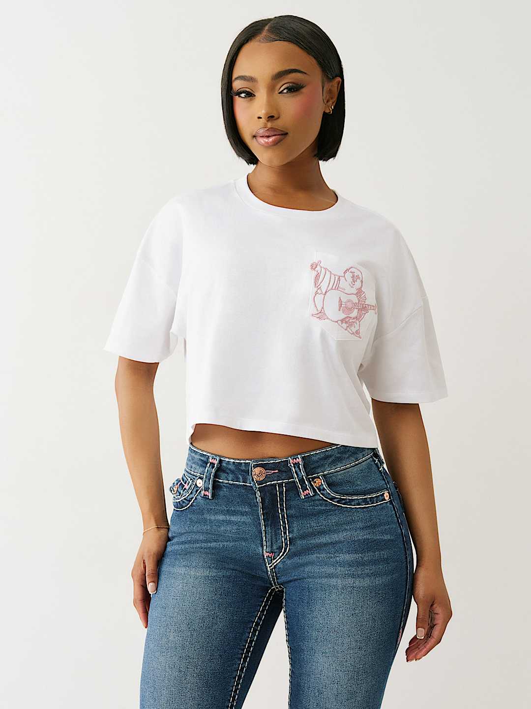 EMBROIDERED BUDDHA BOXY CROPPED TEE