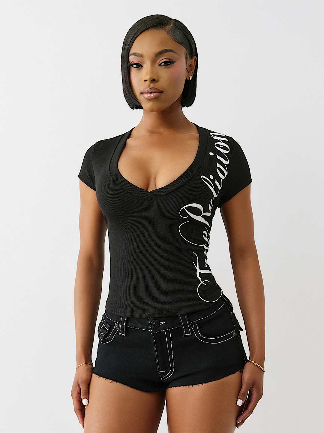 RIBBED SCRIPT LOGO V NECK TOP