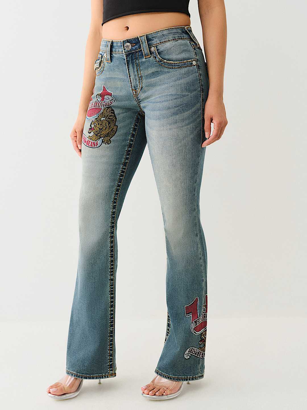 BECCA CRYSTAL TATTOO MID RISE BIG T BOOTCUT JEAN