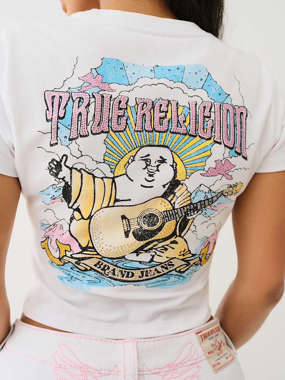 Женская футболка True Religion Crystal Buddha Baby Tee, укороченная, белая